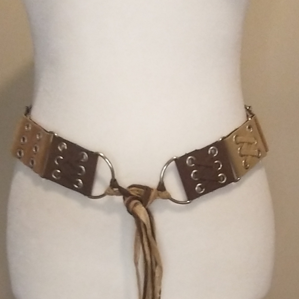 Vintage  Boho Suede Brown and Tan Belt With Fringe Tie Straps